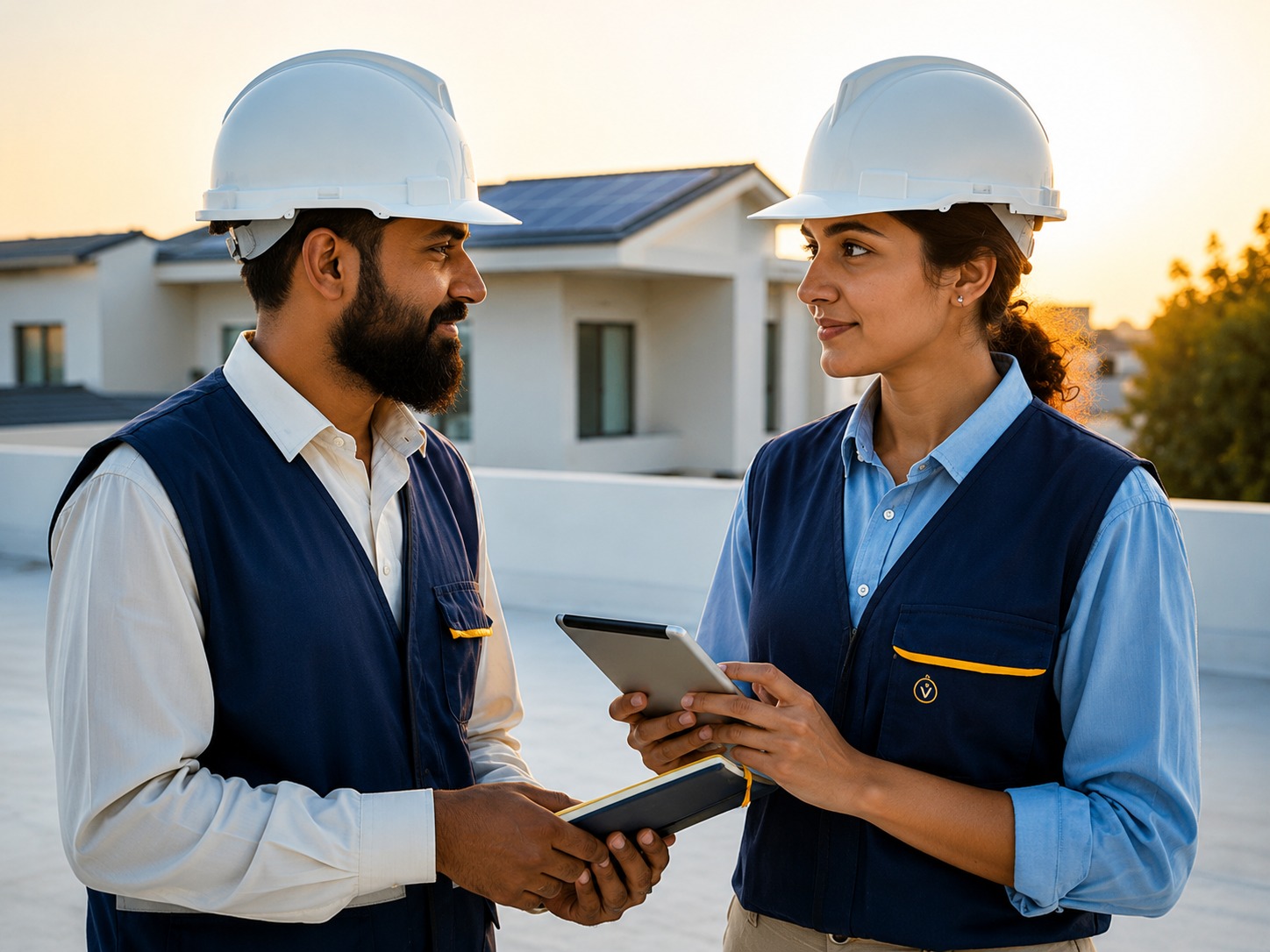 Solar experts assessing a residential rooftop site